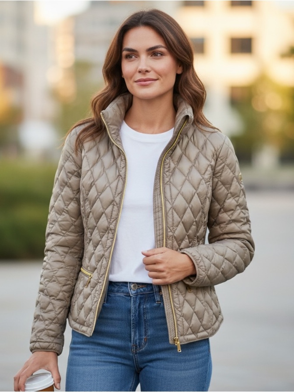 Michael Kors Quilted Puffer Jacket in Taupe with Gold Trim
